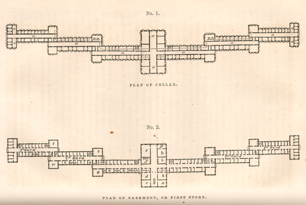 Floorplans of the cellar and first floors with long wings of open wards extending east and west from the central hallway.