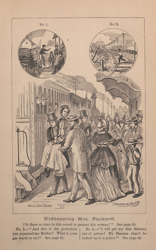 Illustration of Elizabeth Packard being taken to a mental institution against her will, carried by two men onto an awaiting train with many male and female onlookers