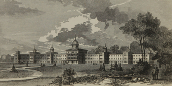 An engraving of a very large building with many floors and wings with extensive grounds.