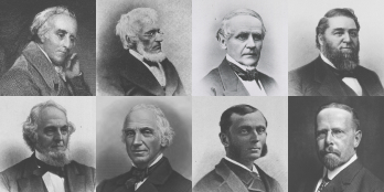 A collage of portraits of eight white men.