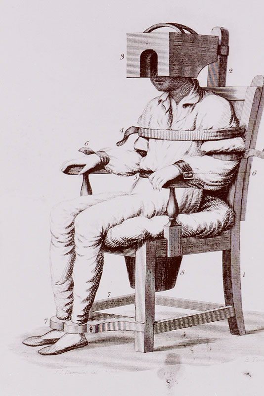 A person is sitting in a chair; his body is immobilized by straps at the shoulders, arms, waist, and feet; a box-like apparatus is used to confine the head. There is a bucket attached beneath the seat.
