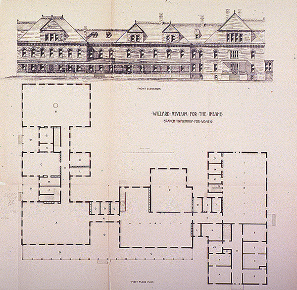 Front elevation and first floor plan of a sprawling building of three floors.