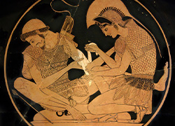 Vase painting featuring a man kneeling and treating the left arm of a seated man.