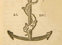 Title page in Greek and Latin illustrated with a large anchor with a dolphin wrapped around it.