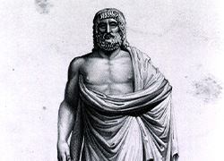 Engraving of statue of a bearded Asclepius standing in a toga with his staff to his right with a single snake wrapped around it, to his left is his attendant.