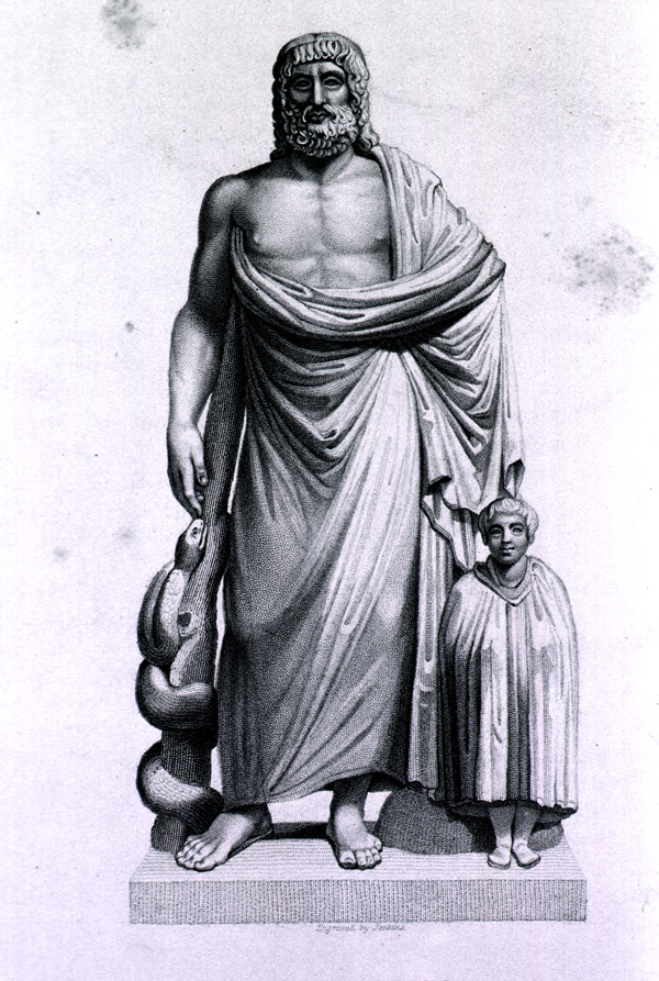 Engraving of statue of a bearded Asclepius standing in a toga with his staff to his right with a single snake wrapped around it, to his left is his attendant.