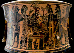 Eileithyia stands behind Zeus, who is seated, and Hera stands in front of him, both with outstretched hands to catch Athena.