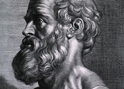 Engraving showing a balding man with a large beard looking to the left-hand side of the screen
