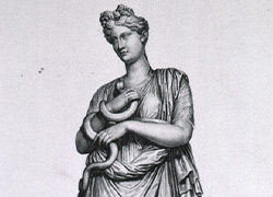 Engraving of a Greek statue of Hygieia standing in robes and holding a snake that is entwined around her left arm