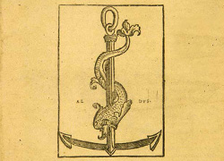 Detail from a title page of a wood block print of a printer's device, a dolphin wrapped around an anchor.