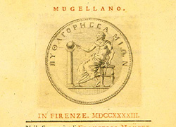 Illustration showing a seated Greek male figure in a toga with bare chest balancing a stick on an orb on a column with Greek text surrounding it.