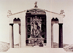 Cross-section of restored temple of Asclepius at Epidaurus, showing a statue of the gad seated on a throne with snakes on and behind the throne.