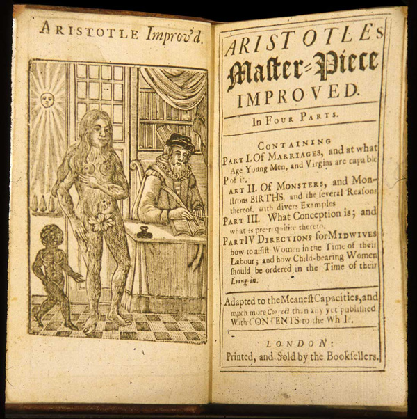 The frontispiece is a woodcut image showing a scholar in a library at a desk writing with a quill pen with a hirsute nude woman standing to his left and a black child standing to her left with a window behind them showing the sun shining in.
