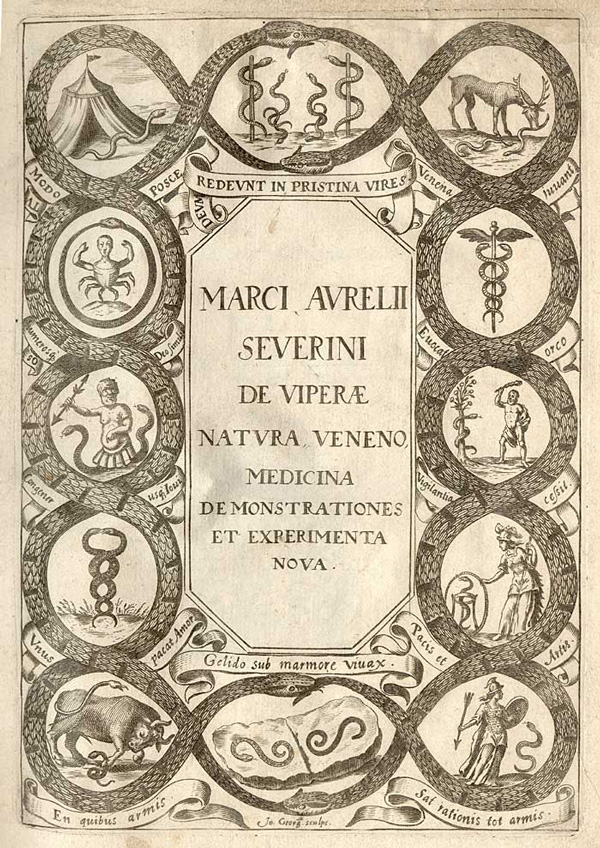 Illustrated title page featuring snakes, including the single-snake staff of Asclepius and the double snake of the caduceus with other ancient medical and mythological images involving snakes.