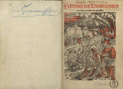 Title page in German illustrated with a castle in flames.
