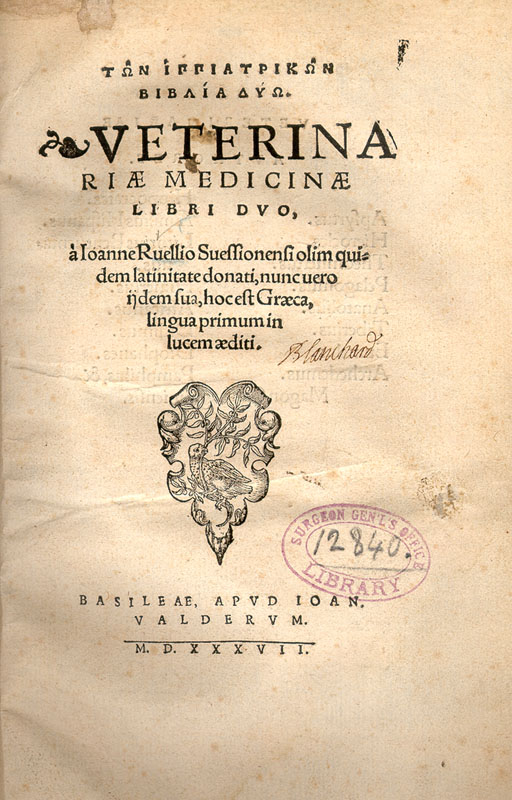Title page in Greek and Latin with a Woodcut vignette featuring a bird holding an olive branch.