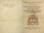 Title page in Italian with large woodcut printer’s device and red inked cardinal’s device imprinted over it.