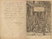 Title page illustrated with a crowd in an operating theater watching Vesalius perform a human dissection. There is a handwritten inscription on the facing page.
