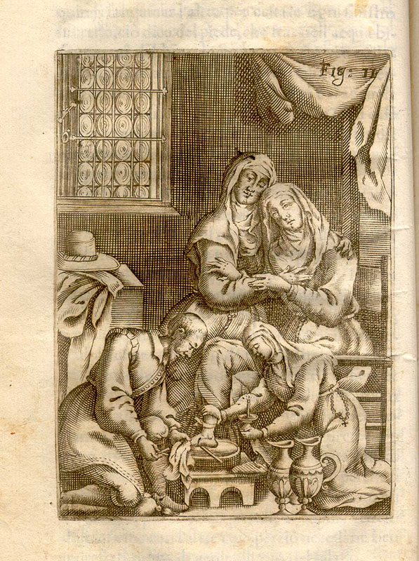 Copperplate engraving showing a woman, sitting on a bench supported by another woman having her right ankle bled by a surgeon while a woman holds a candle.