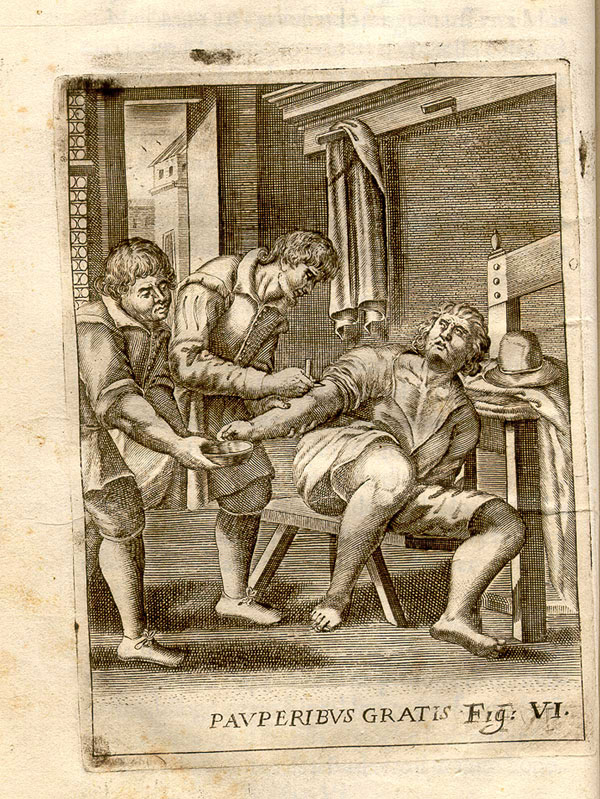 Copperplate engraving showing a man having his right arm bled by the surgeon applying the lancet and an assistant with a bowl.