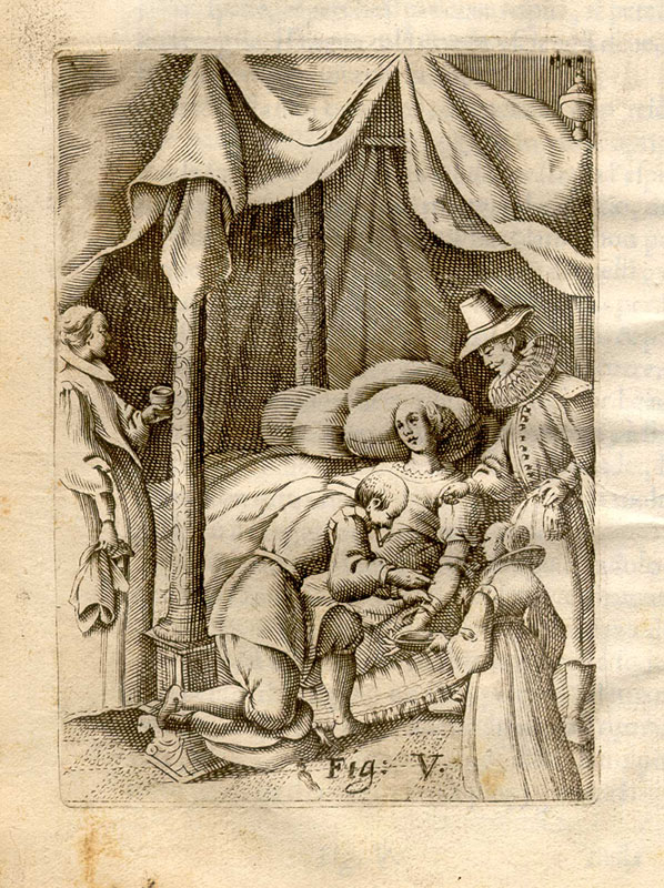 Copperplate engraving showing a woman reclining on a bed extending her arm while a surgeon oversees others with a knife, bowl and cup.