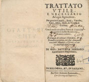 Title page in Italian with a decorative woodcut, library stamp, and handwritten annotations.
