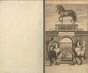An engraved frontispiece with the title in English printed over an arched doorway of a high stone wall surrounding a racetrack; handlers hold rearing horses in the foreground and  a statue of a horse stands over the doorway.