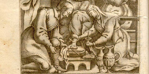 Copperplate engraving showing a woman, sitting on a bench supported by another woman having her right ankle bled by a surgeon while a woman holds a candle.