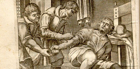 Copperplate engraving showing a man having his right arm bled by the surgeon applying the lancet and an assistant with a bowl.