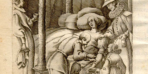 Copperplate engraving showing a woman reclining on a bed extending her arm while a surgeon oversees others with a knife, bowl and cup.