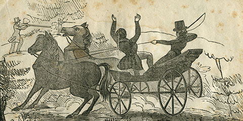 Detail of an engraved illustration of a man falling from an open two horse carriage and men with rifles in the distance.