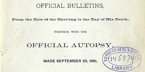 Detail of title page for an Official Autopsy report, with Surgeon General’s Library stamp.