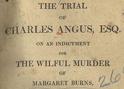 Pamphlet cover with a summary of the trial, information of the court, and a library stamp from the Surgeon General’s Office Library.