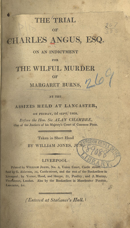 Pamphlet cover with a summary of the trial, information of the court, and a library stamp from the Surgeon General’s Office Library.