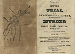 Frontispiece featuring an illustrated map of Tiverton, Rhode Island and pamphlet cover with a summary of the trial, print and publishing information, and a library stamp from the Surgeon General’s Office Library.