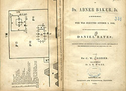 Frontispiece featuring a diagram of a jail and courthouse and pamphlet cover with a summary of the trial, print and publishing information, and a library stamp from the Surgeon General’s Office Library.