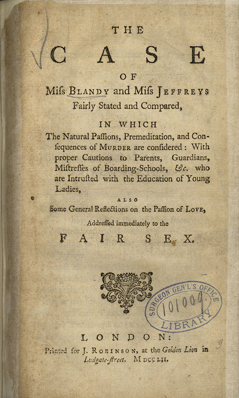 Pamphlet cover with a summary of the contents, a decorative figure, and a library stamp from the Surgeon General’s Office Library.