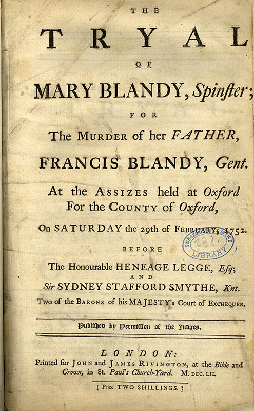 Printed cover giving the title, information about the court, the printer’s information and the price (two shillings).