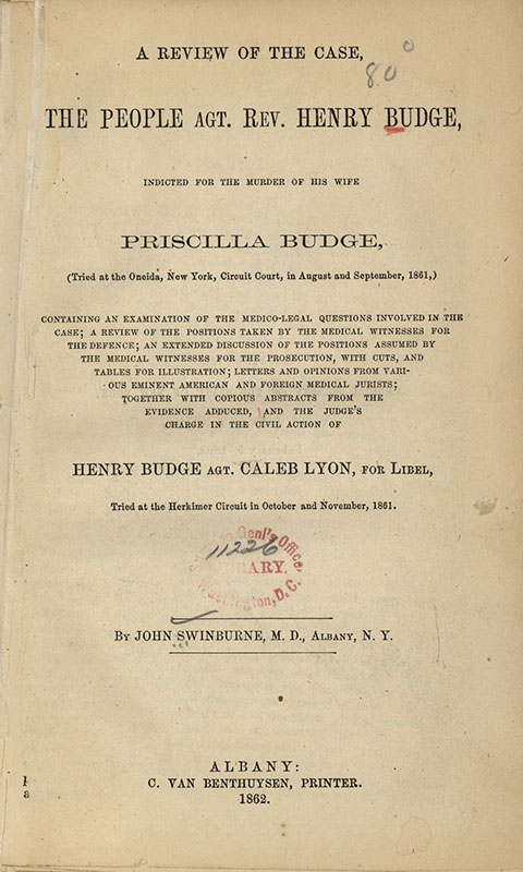 The titlepage of a pamphlet, summary of trial contents, and a stamp from the Surgeon General’s Office Library.