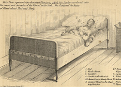 A lithograph of plate number 1 of a case. The plate illustrates the described position in which Mrs. Budge was found on the bed, with the wounds in her neck, the razor lying beside her right arm on the bed and the position of the stains of blood about the bed and body.