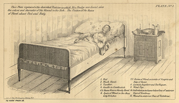 A lithograph of plate number 1 of a case. The plate illustrates the described position in which Mrs. Budge was found on the bed, with the wounds in her neck, the razor lying beside her right arm on the bed and the position of the stains of blood about the bed and body.