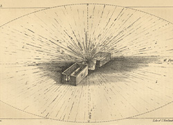 A lithograph of plate number 2 of a murder case. This plate features the illustration the manner in which blood splatters from a syringe placed in a box facing a screen.