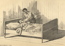 A lithograph of plate number 3, position number 1 of a murder case. A man is standing over the bed while placing his left hand over the mouth of a woman lying in bed, from the right side.