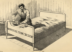 A lithograph of plate number 4, position number 2 of a murder case. A man is kneeling over a woman lying on a bed with knife in his right hand while placing hand over the mouth of the woman and slitting her neck from the front.