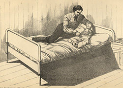 A lithograph of plate number 5, position number 3 of a murder case. A man is kneeling on the left side of a bed with knife in his right hand while placing hand over the mouth of a woman lying in bed and slitting her neck from the left side.