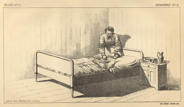 A lithograph of plate number 6, position number 4 of a murder case. A man is standing behind a bed leaning over a woman lying on a bed with knife in his right hand while placing his left hand over the mouth of the woman and slitting her neck.