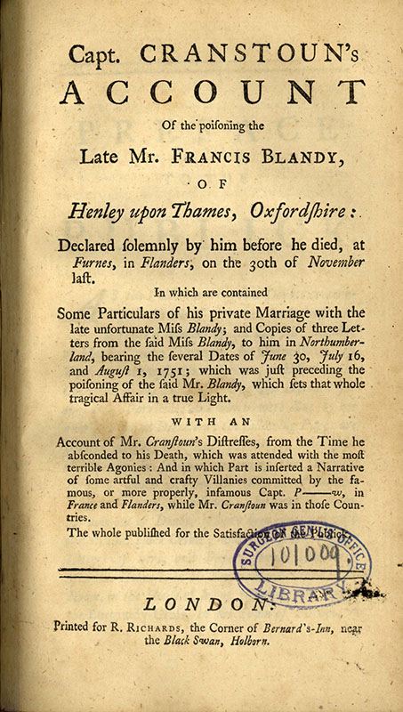 The cover of a pamphlet with a summary of the contents and statement: “…the whole published for the satisfaction of the public.” 