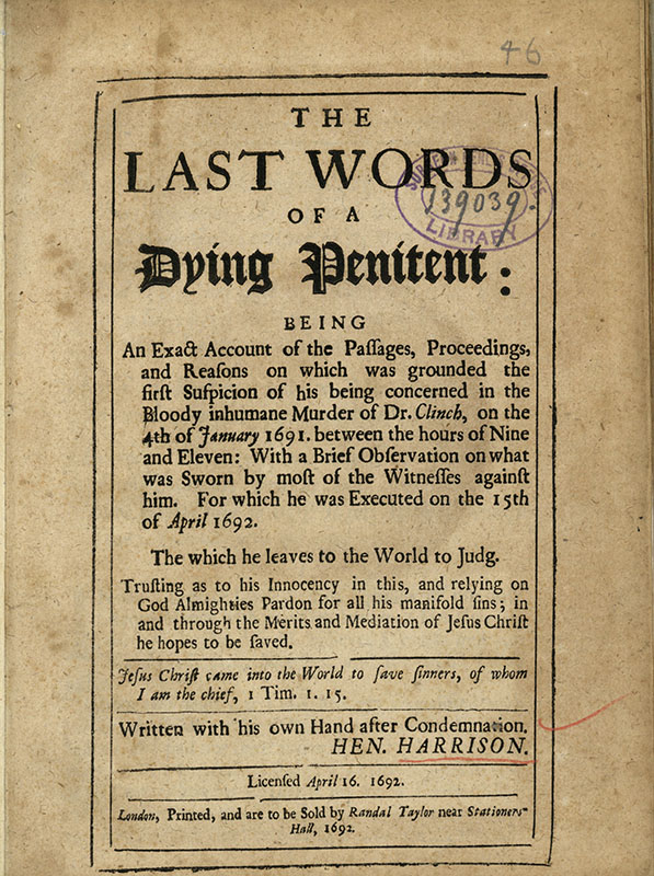 The printed cover of a pamphlet including a title, description of the contents, and a quotation from the bible as well as the printer’s name: Randal Taylor.