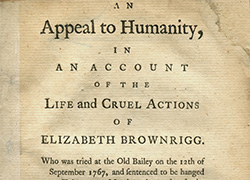 Pamphlet cover titled, “An Appeal to Humanity, in an Account of the Life and Cruel Actions of Elizabeth Brownrigg,” with a summary of the trial and a library stamp from the Surgeon General’s Office Library.