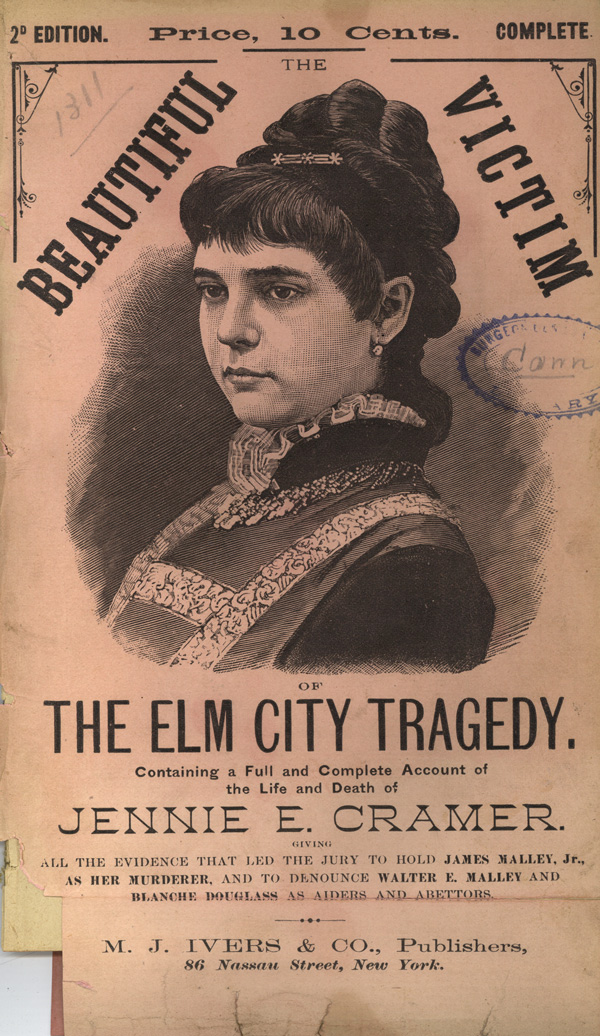 Front cover of a pamphlet. In the center of the cover is a head and shoulders, left pose of Jennie E. Cramer.